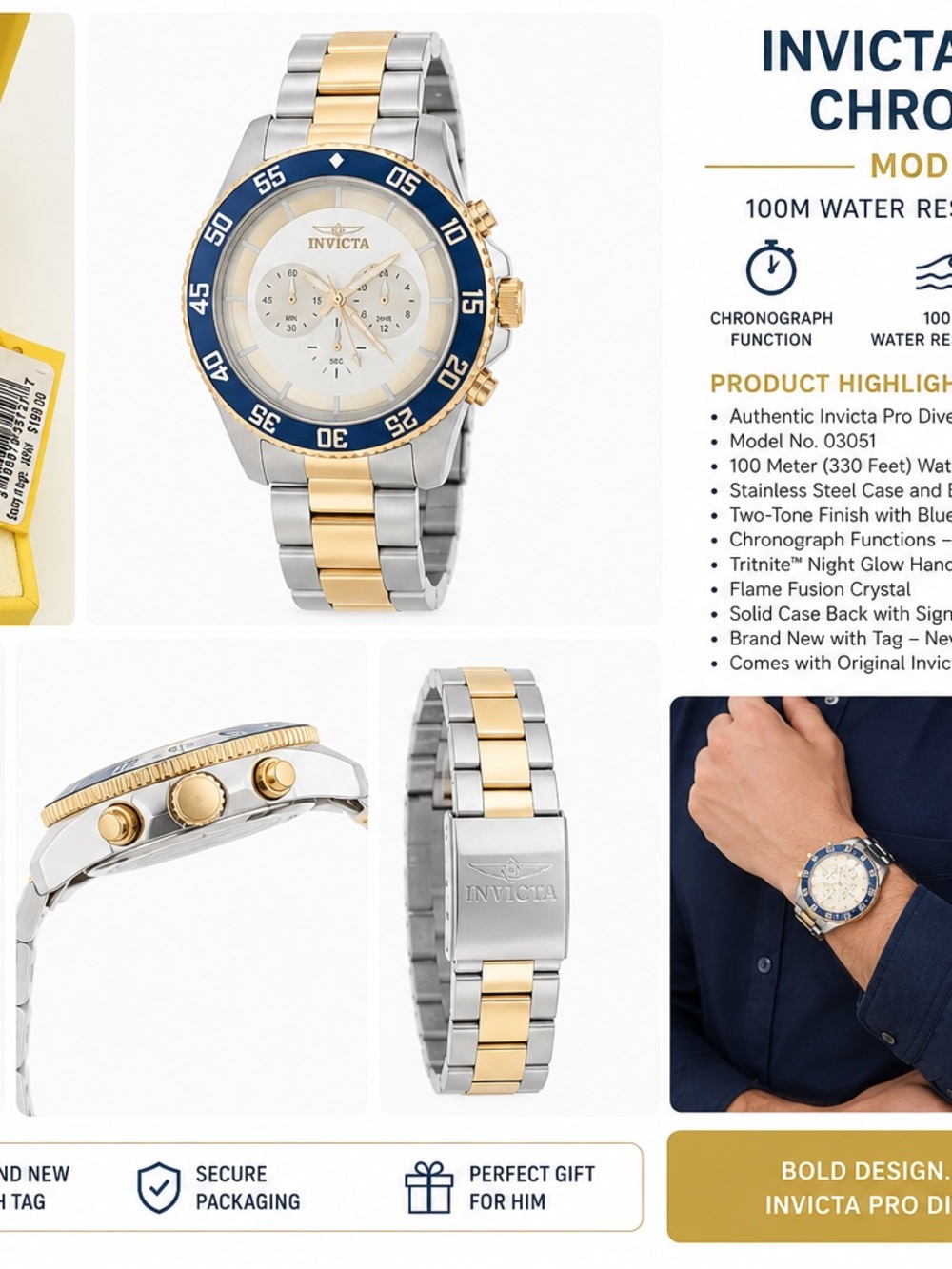 Invicta Men’s Two-Tone Blue Bezel Chronograph Watch